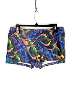 WodBottom rainbow paint pattern gym shorts XL 2.5" orange/blue/green mid rise